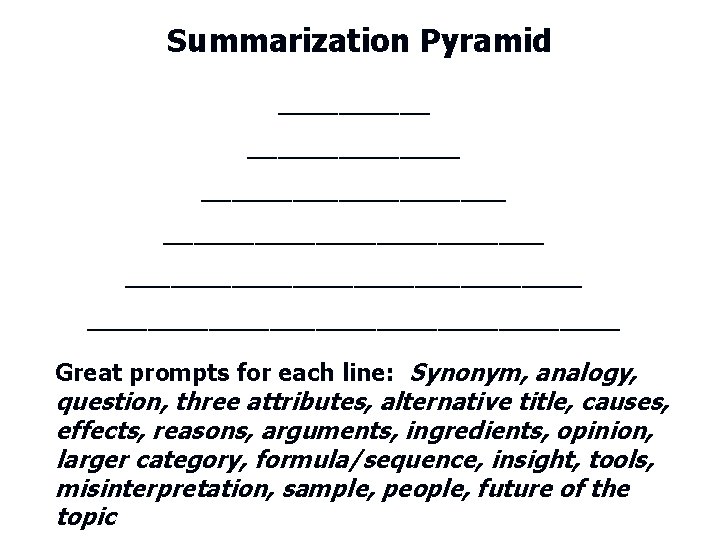 Summarization Pyramid __________________________________________ Great prompts for each line: Synonym, analogy, question, three attributes, alternative
