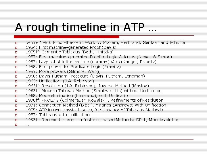 A rough timeline in ATP … o o o o o before 1950: Proof-theoretic A rough timeline in ATP … o o o o o before 1950: Proof-theoretic