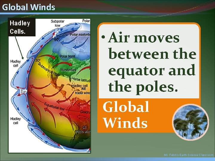 Global Winds Hadley Cells. • Air moves between the equator and the poles. Global