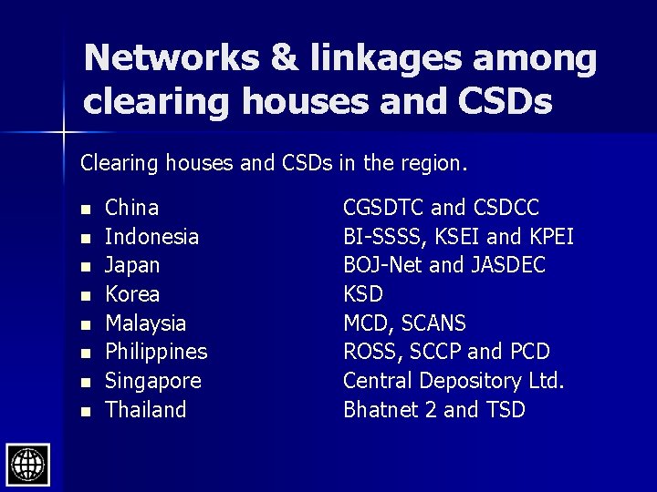 Networks & linkages among clearing houses and CSDs Clearing houses and CSDs in the