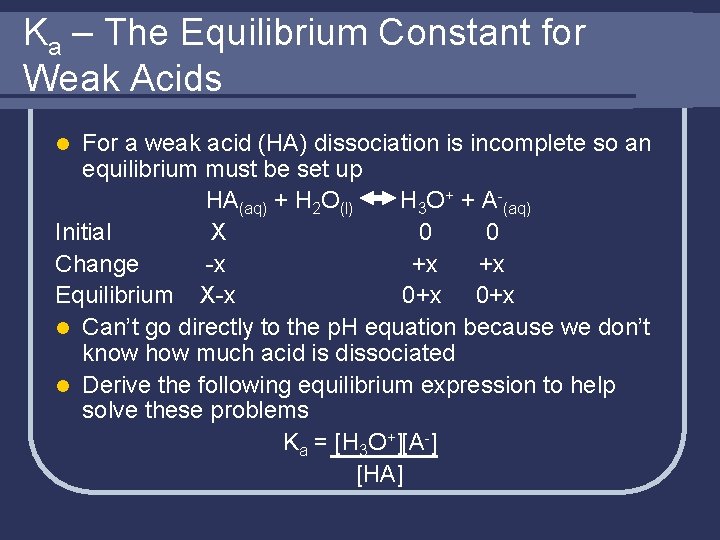 Ka – The Equilibrium Constant for Weak Acids For a weak acid (HA) dissociation