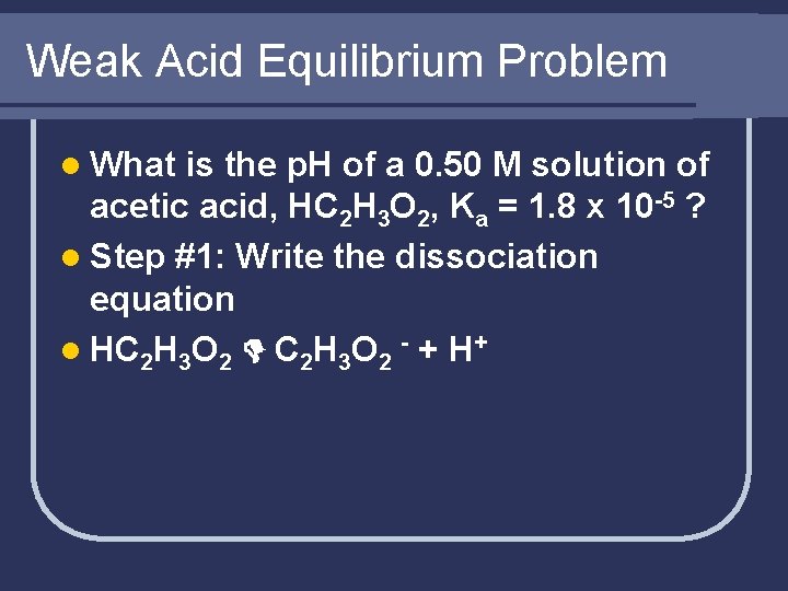 Weak Acid Equilibrium Problem l What is the p. H of a 0. 50