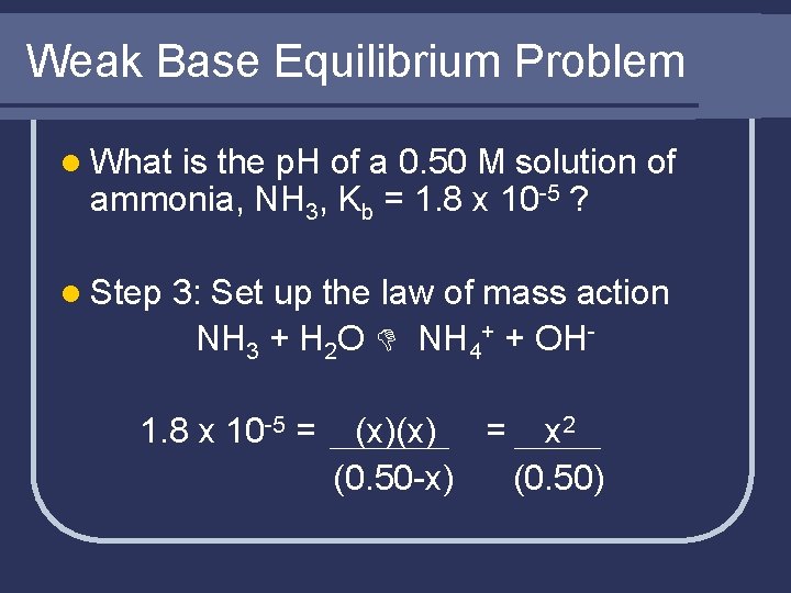 Weak Base Equilibrium Problem l What is the p. H of a 0. 50