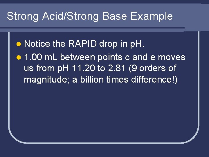 Strong Acid/Strong Base Example l Notice the RAPID drop in p. H. l 1.