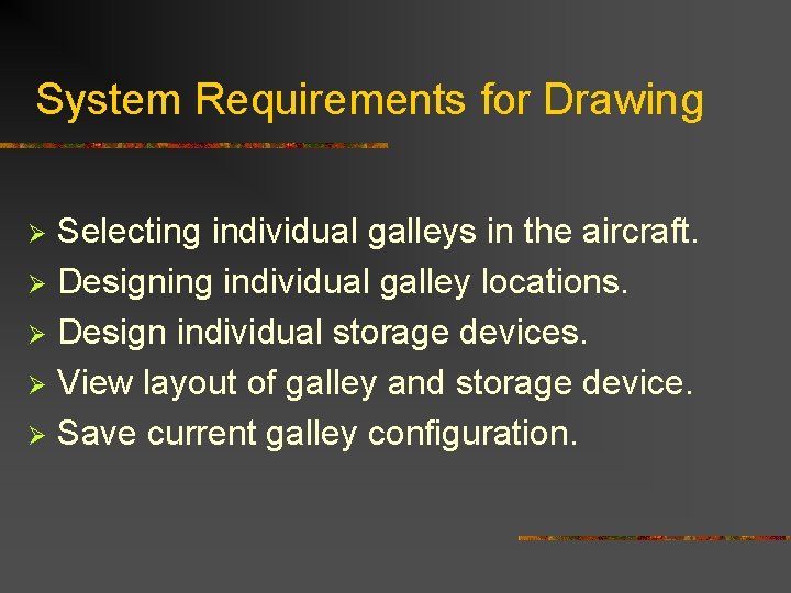 System Requirements for Drawing Selecting individual galleys in the aircraft. Ø Designing individual galley