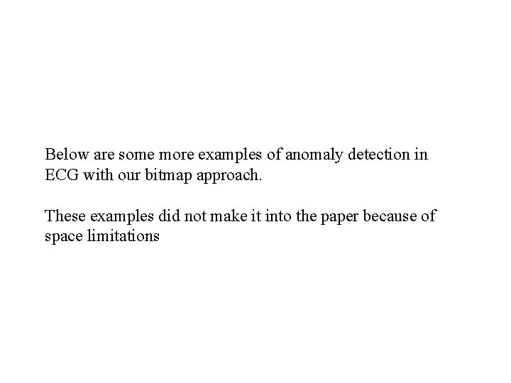 Below are some more examples of anomaly detection in ECG with our bitmap approach.