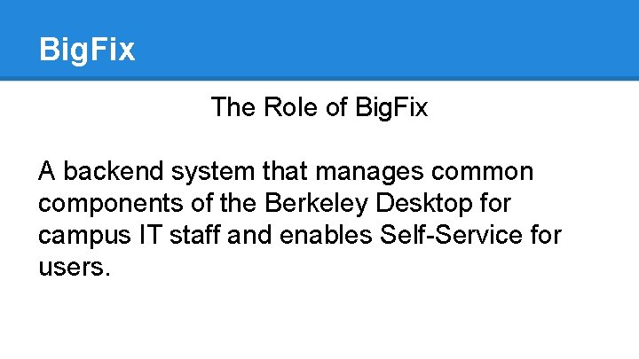 Big. Fix The Role of Big. Fix A backend system that manages common components