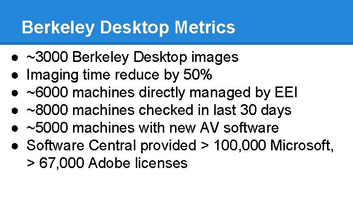 Berkeley Desktop Metrics ● ● ● ~3000 Berkeley Desktop images Imaging time reduce by