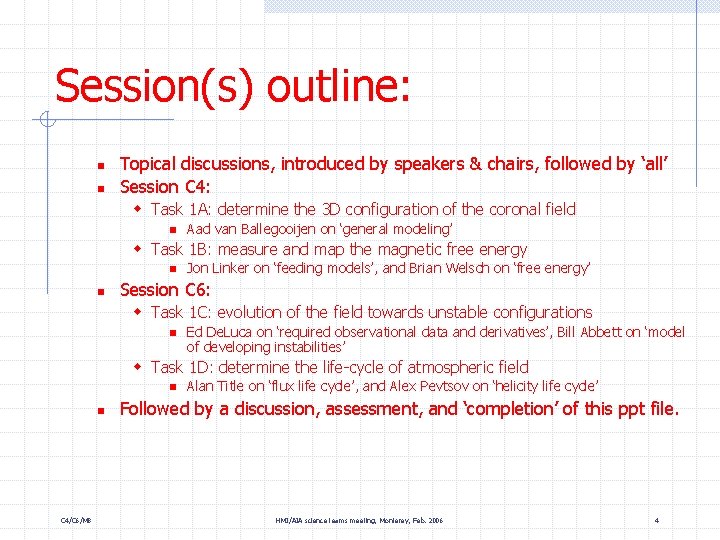 Session(s) outline: n n Topical discussions, introduced by speakers & chairs, followed by ‘all’