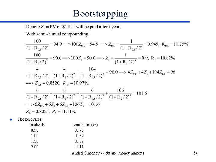 Bootstrapping u The zero rates maturity 0. 50 1. 00 1. 50 2. 00