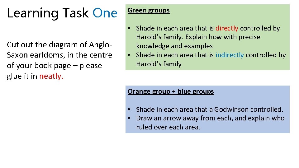 Learning Task One Cut out the diagram of Anglo. Saxon earldoms, in the centre