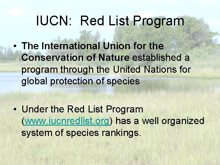 IUCN: Red List Program • The International Union for the Conservation of Nature established