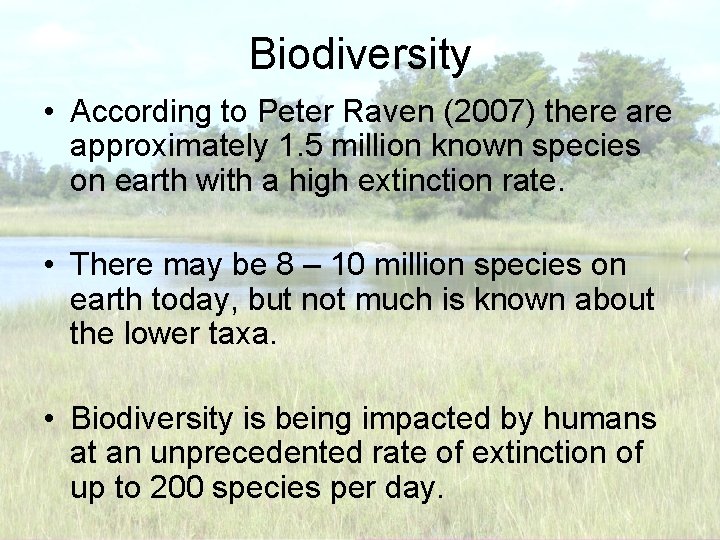 Biodiversity • According to Peter Raven (2007) there approximately 1. 5 million known species