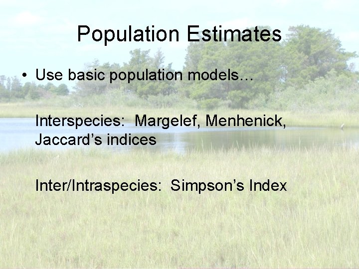 Population Estimates • Use basic population models… Interspecies: Margelef, Menhenick, Jaccard’s indices Inter/Intraspecies: Simpson’s