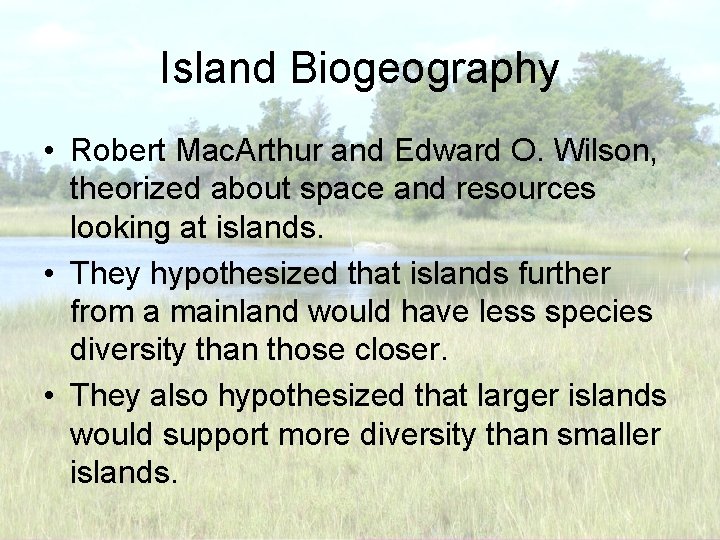 Island Biogeography • Robert Mac. Arthur and Edward O. Wilson, theorized about space and