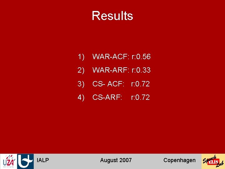 Results IALP 1) WAR-ACF: r: 0. 56 2) WAR-ARF: r: 0. 33 3) CS-