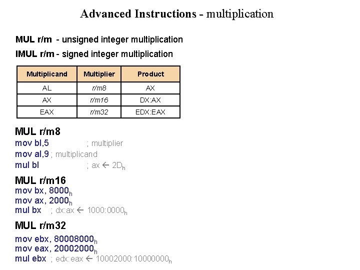 Advanced Instructions - multiplication MUL r/m - unsigned integer multiplication IMUL r/m - signed