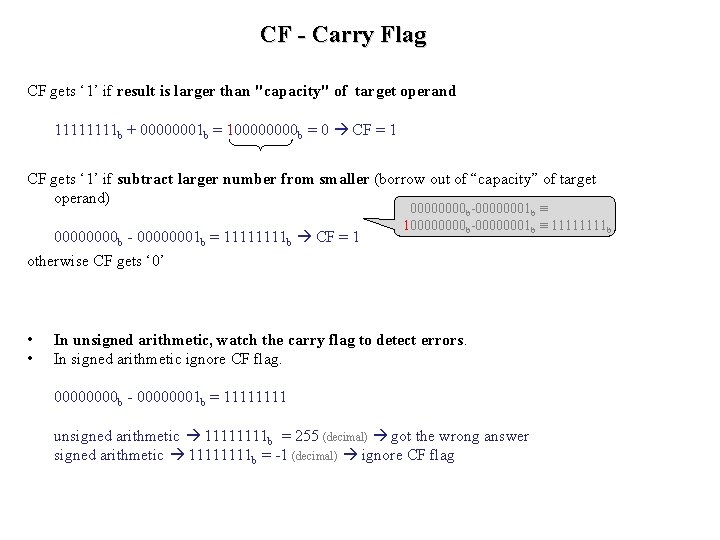 CF - Carry Flag CF gets ‘ 1’ if result is larger than "capacity"