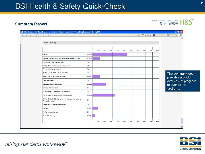 10 BSI Health & Safety Quick-Check Summary Report The summary report provides a quick