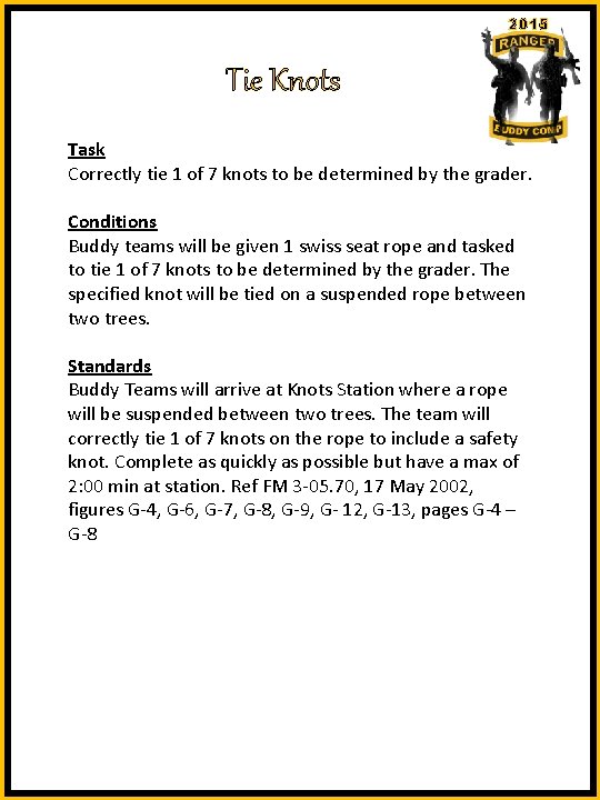 2015 Tie Knots Task Correctly tie 1 of 7 knots to be determined by