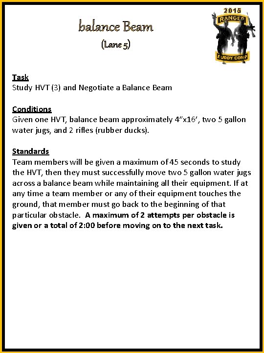 2015 balance Beam (Lane 5) Task Study HVT (3) and Negotiate a Balance Beam