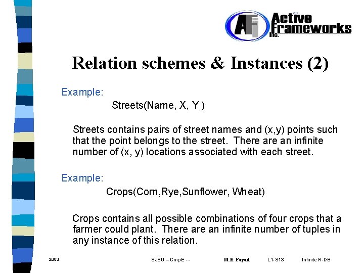 Relation schemes & Instances (2) Example: Streets(Name, X, Y ) Streets contains pairs of