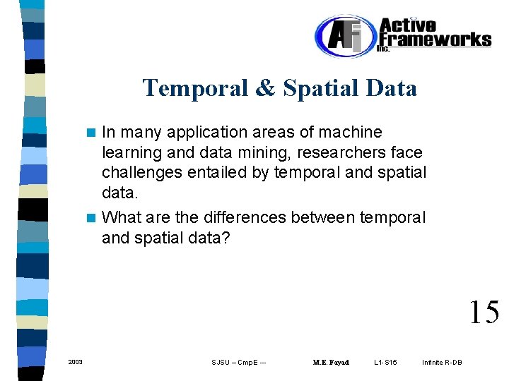 Temporal & Spatial Data In many application areas of machine learning and data mining,