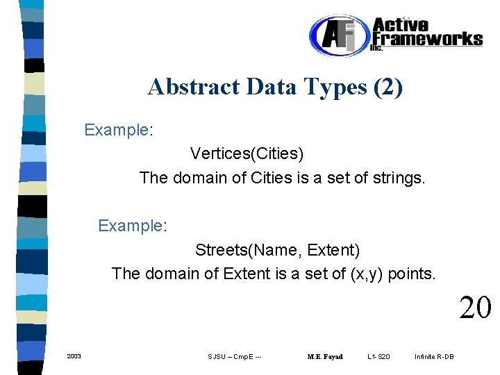 Abstract Data Types (2) Example: Vertices(Cities) The domain of Cities is a set of