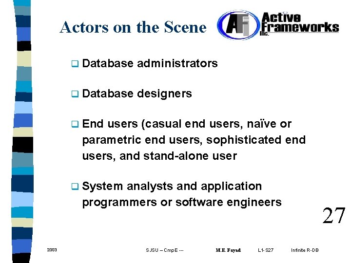 Actors on the Scene q Database administrators q Database designers q End users (casual