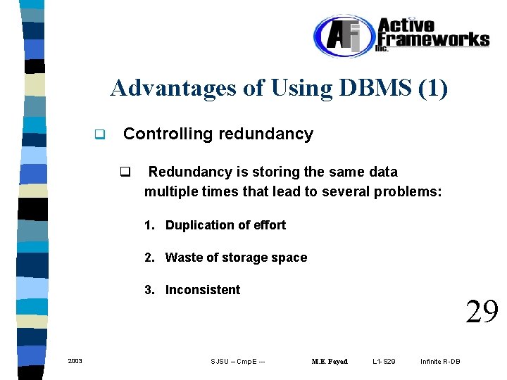 Advantages of Using DBMS (1) q Controlling redundancy q Redundancy is storing the same