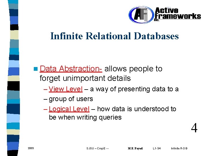 Infinite Relational Databases n Data Abstraction- allows people to forget unimportant details – View