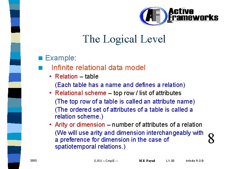 The Logical Level Example: n Infinite relational data model n • Relation – table