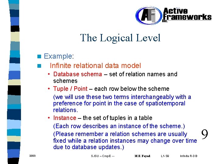 The Logical Level Example: n Infinite relational data model n • Database schema –