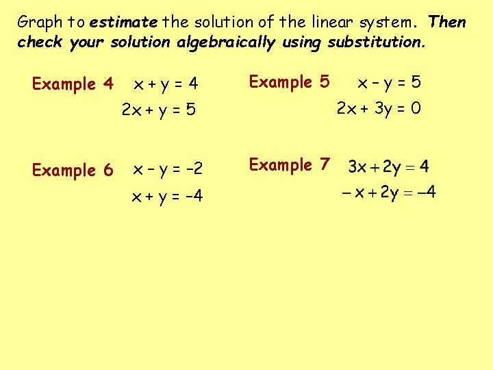 Graph to estimate the solution of the linear system. Then check your solution algebraically Graph to estimate the solution of the linear system. Then check your solution algebraically