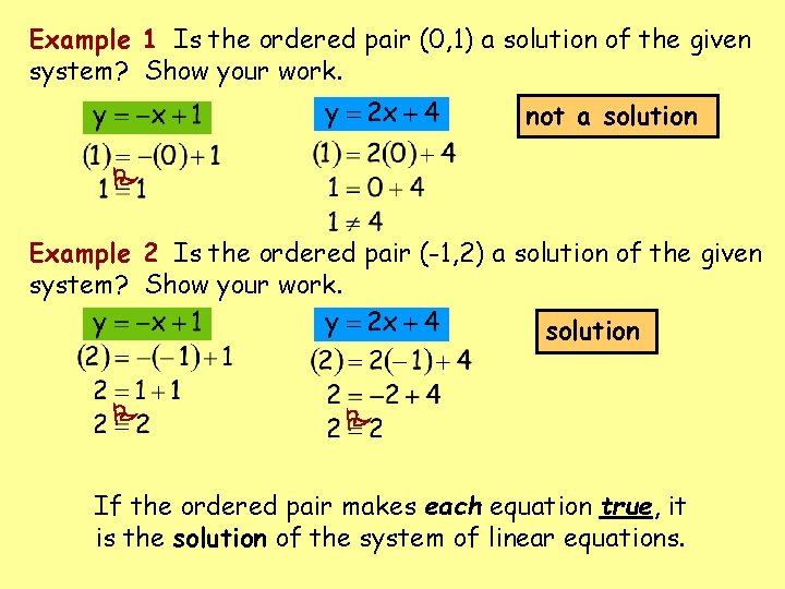 Example 1 Is the ordered pair (0, 1) a solution of the given system? Example 1 Is the ordered pair (0, 1) a solution of the given system?
