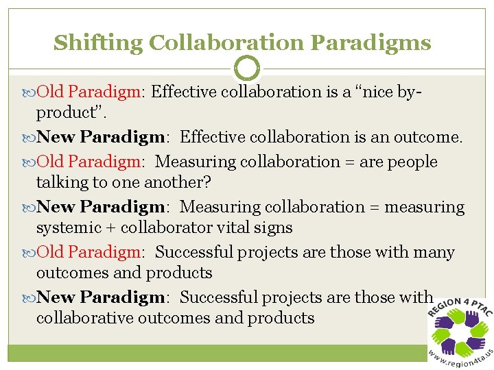 Shifting Collaboration Paradigms Old Paradigm: Effective collaboration is a “nice by- product”. New Paradigm: