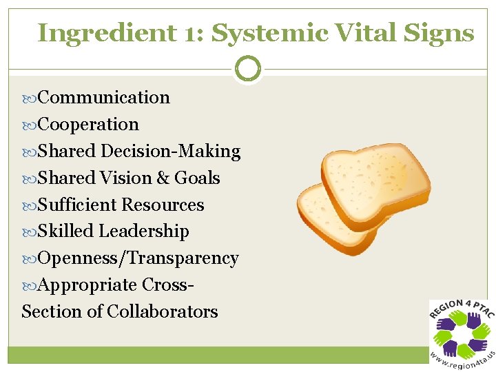 Ingredient 1: Systemic Vital Signs Communication Cooperation Shared Decision-Making Shared Vision & Goals Sufficient