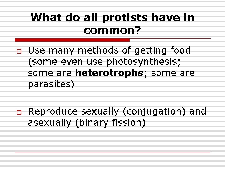 What do all protists have in common? o o Use many methods of getting