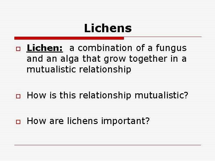 Lichens o Lichen: a combination of a fungus and an alga that grow together