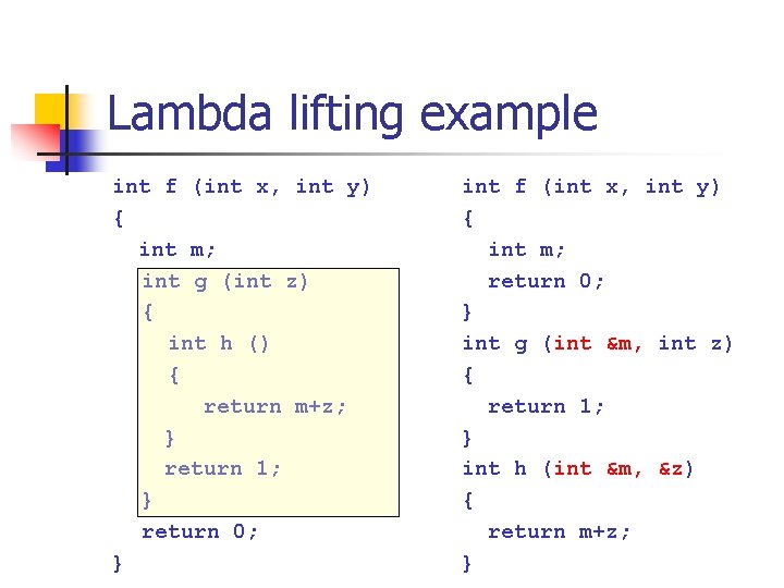 Lambda lifting example int f (int x, int y) { int m; int g