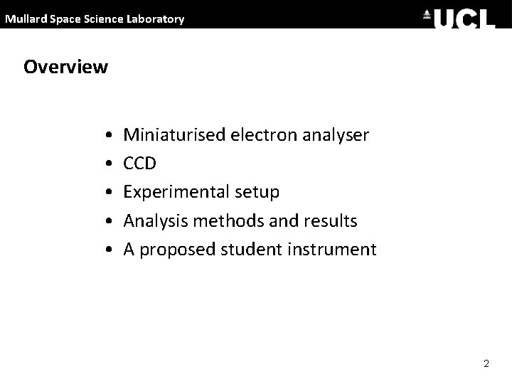 Mullard Space Science Laboratory Overview • • • Miniaturised electron analyser CCD Experimental setup