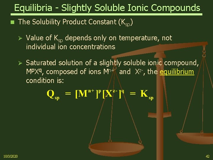 Equilibria - Slightly Soluble Ionic Compounds n 10/3/2020 The Solubility Product Constant (Ksp) Ø
