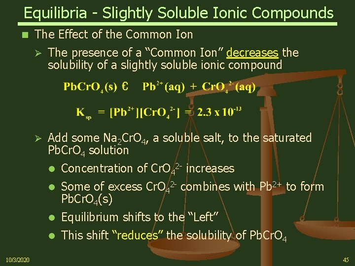 Equilibria - Slightly Soluble Ionic Compounds n 10/3/2020 The Effect of the Common Ion
