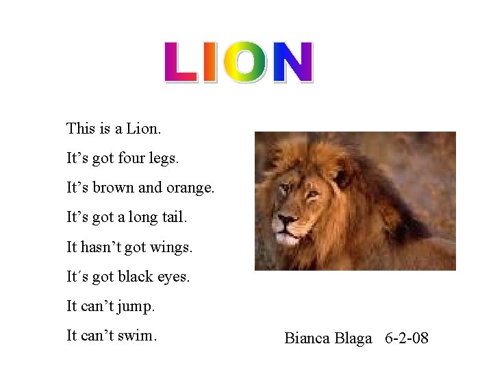 This is a Lion. It’s got four legs. It’s brown and orange. It’s got