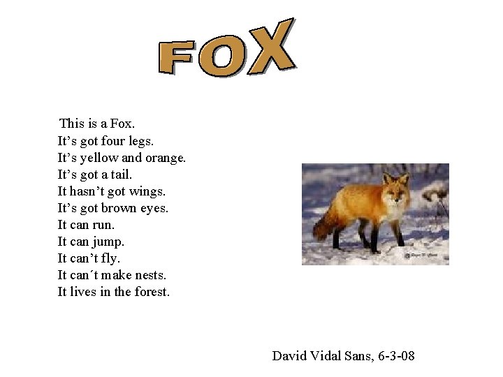 This is a Fox. It’s got four legs. It’s yellow and orange. It’s got