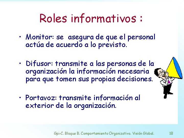 Roles informativos : • Monitor: se asegura de que el personal actúa de acuerdo