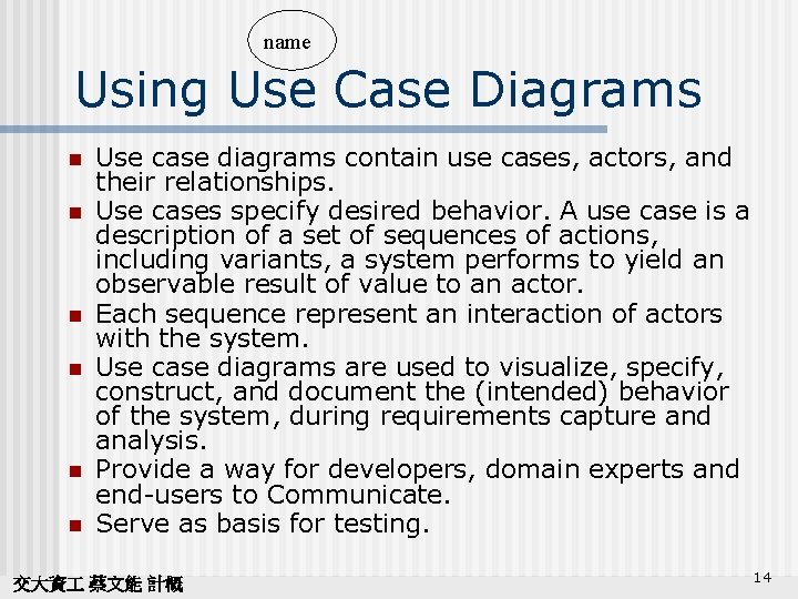 name Using Use Case Diagrams n n n Use case diagrams contain use cases,