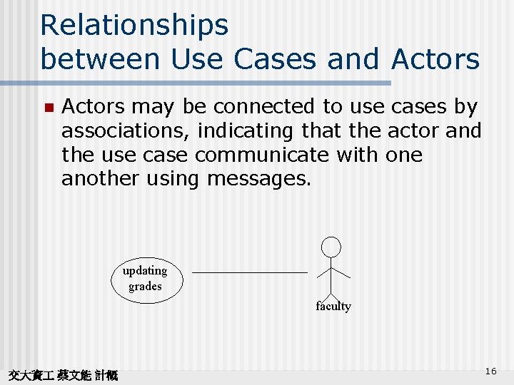 Relationships between Use Cases and Actors n Actors may be connected to use cases