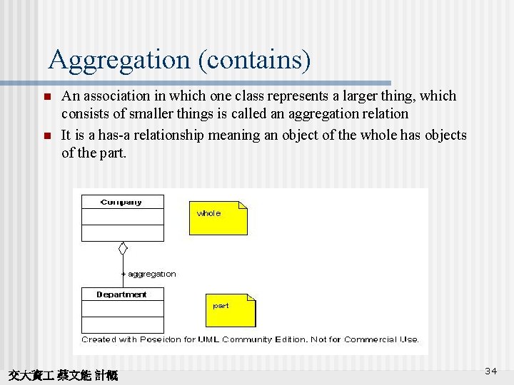 Aggregation (contains) n n An association in which one class represents a larger thing,