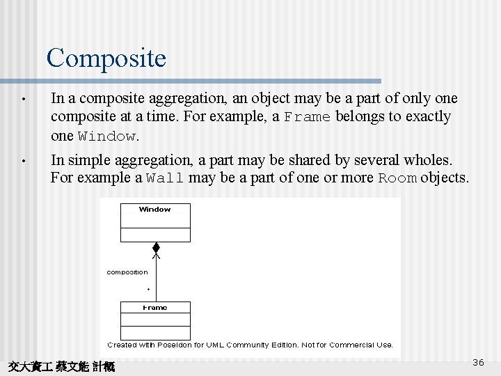 Composite • In a composite aggregation, an object may be a part of only